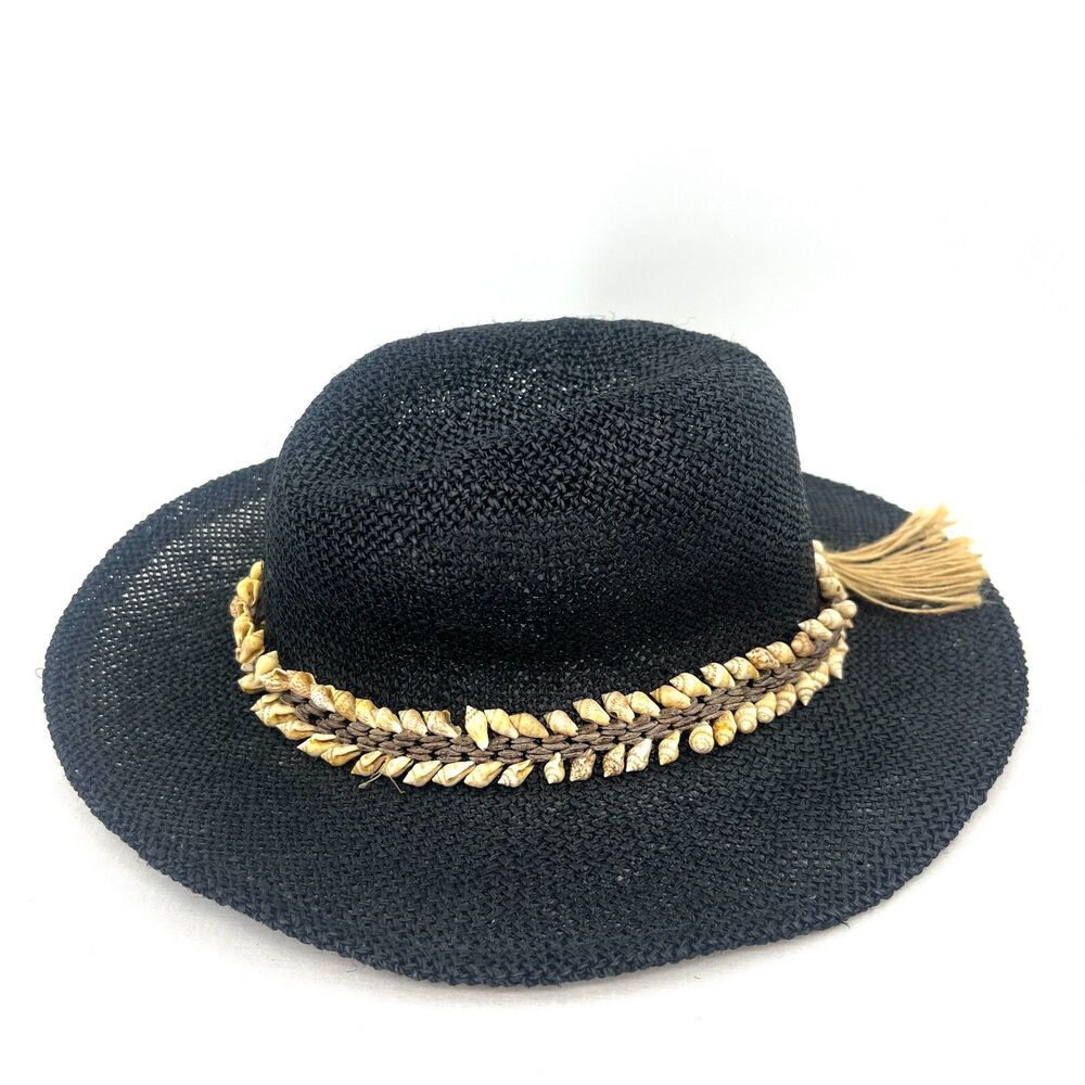 Betmar Black Straw Panama Sun Hat Seashell Band Tassel Beach Boho Fedora